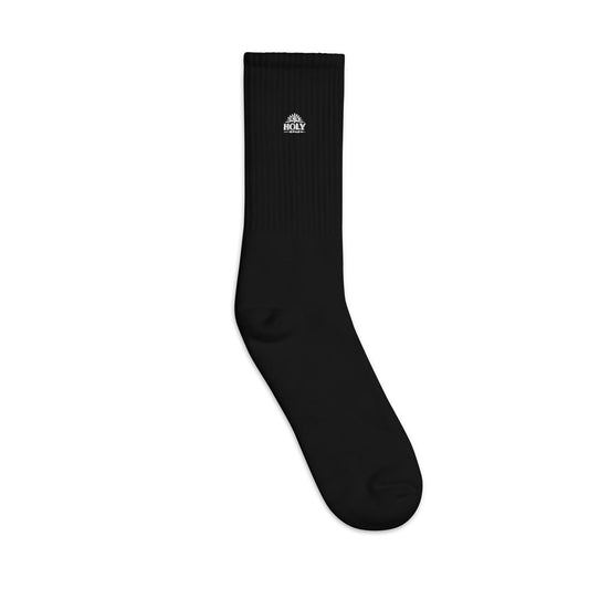 Black Christian embroidered crew socks with Holy Wear logo – faith-based everyday comfort socks
