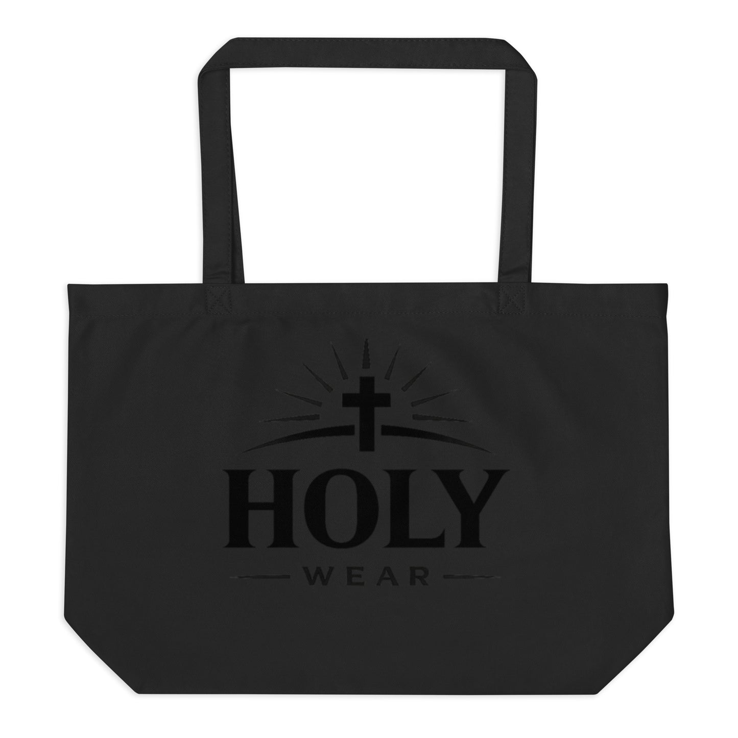 Black Christian organic cotton tote bag with Holy Wear logo, faith-based reusable shopping bag