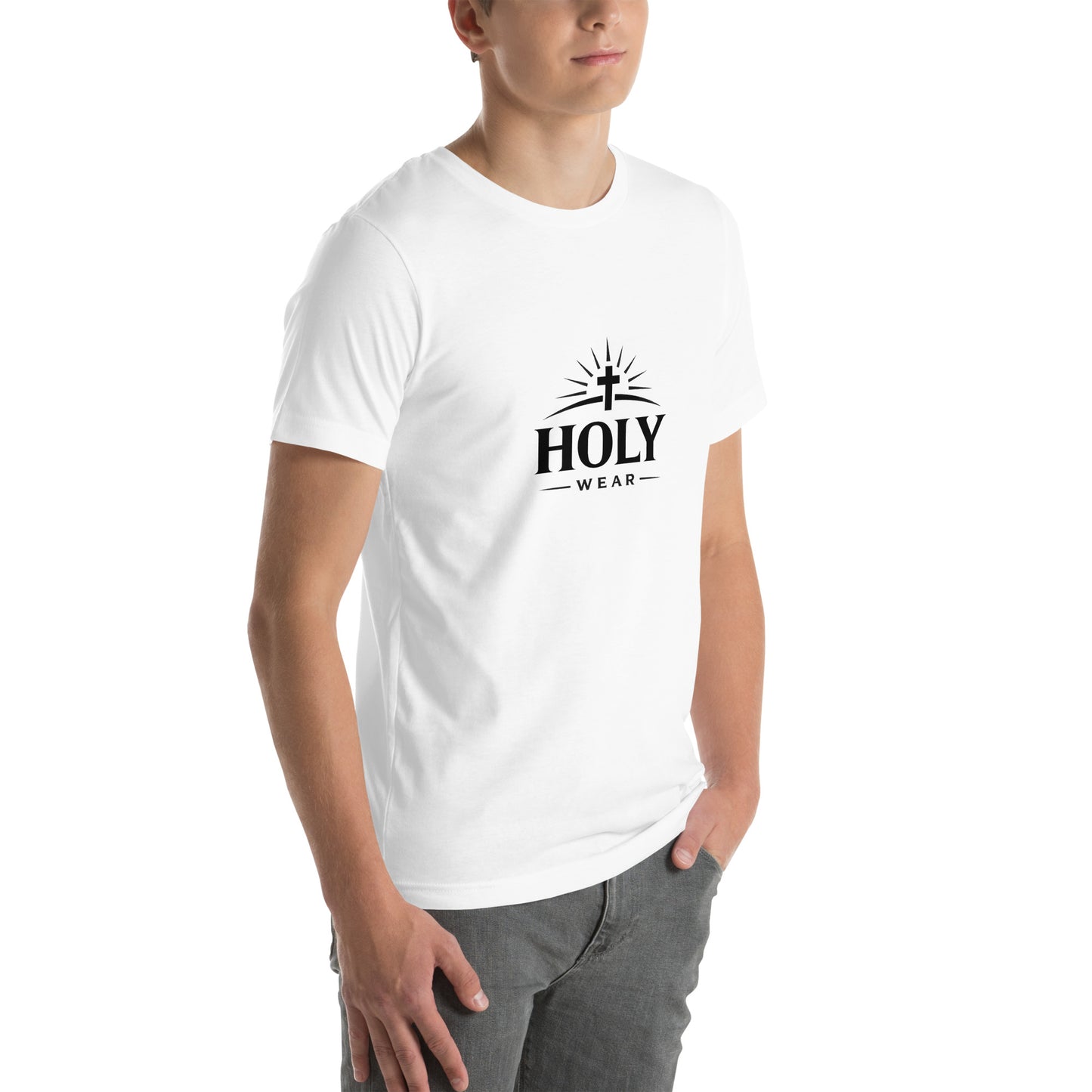 White unisex Christian faith t-shirt featuring the Holy Wear logo with cross and radiant light design