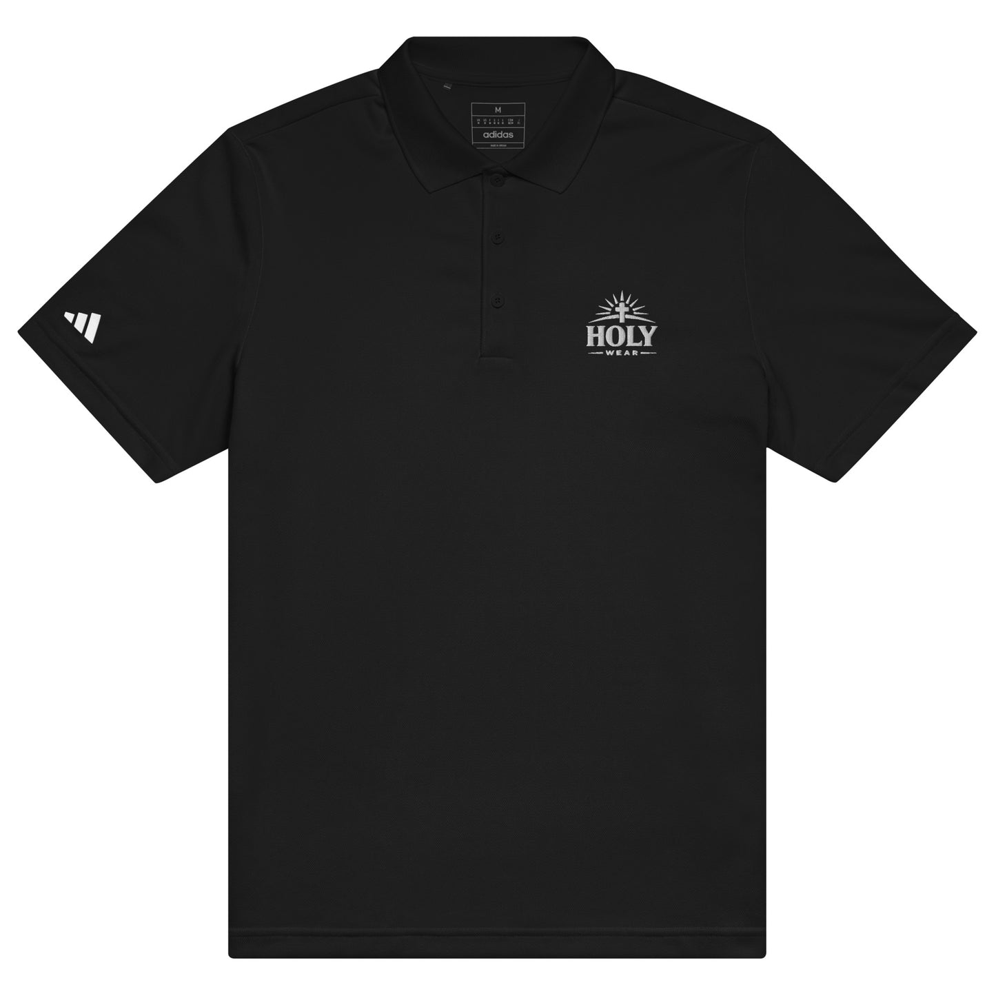 Black Adidas Christian sport polo shirt with Holy Wear embroidered logo – faith-based performance polo
