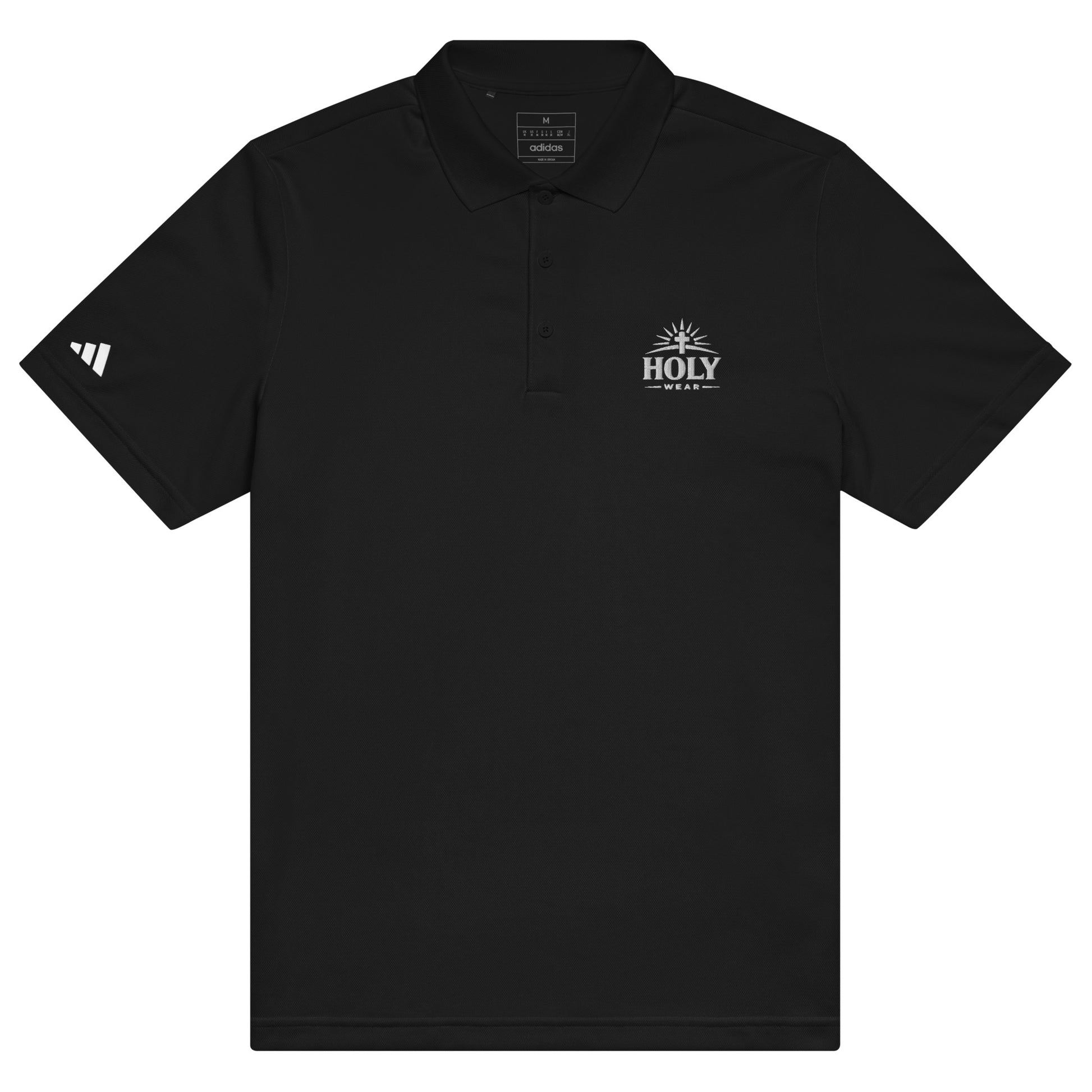 Black Adidas Christian sport polo shirt with Holy Wear embroidered logo – faith-based performance polo
