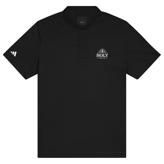 Black Adidas Christian sport polo shirt with Holy Wear embroidered logo – faith-based performance polo
