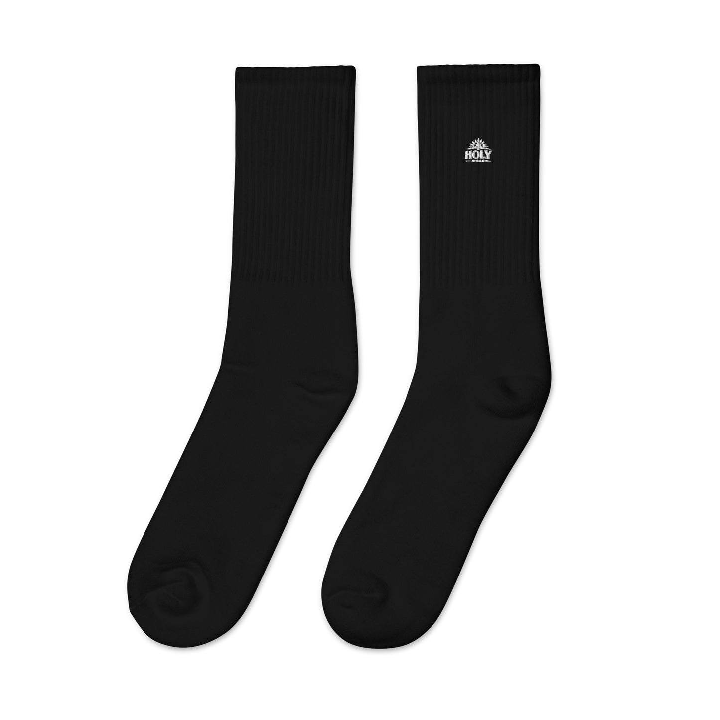 Black Christian embroidered crew socks with Holy Wear logo – faith-based everyday comfort socks
