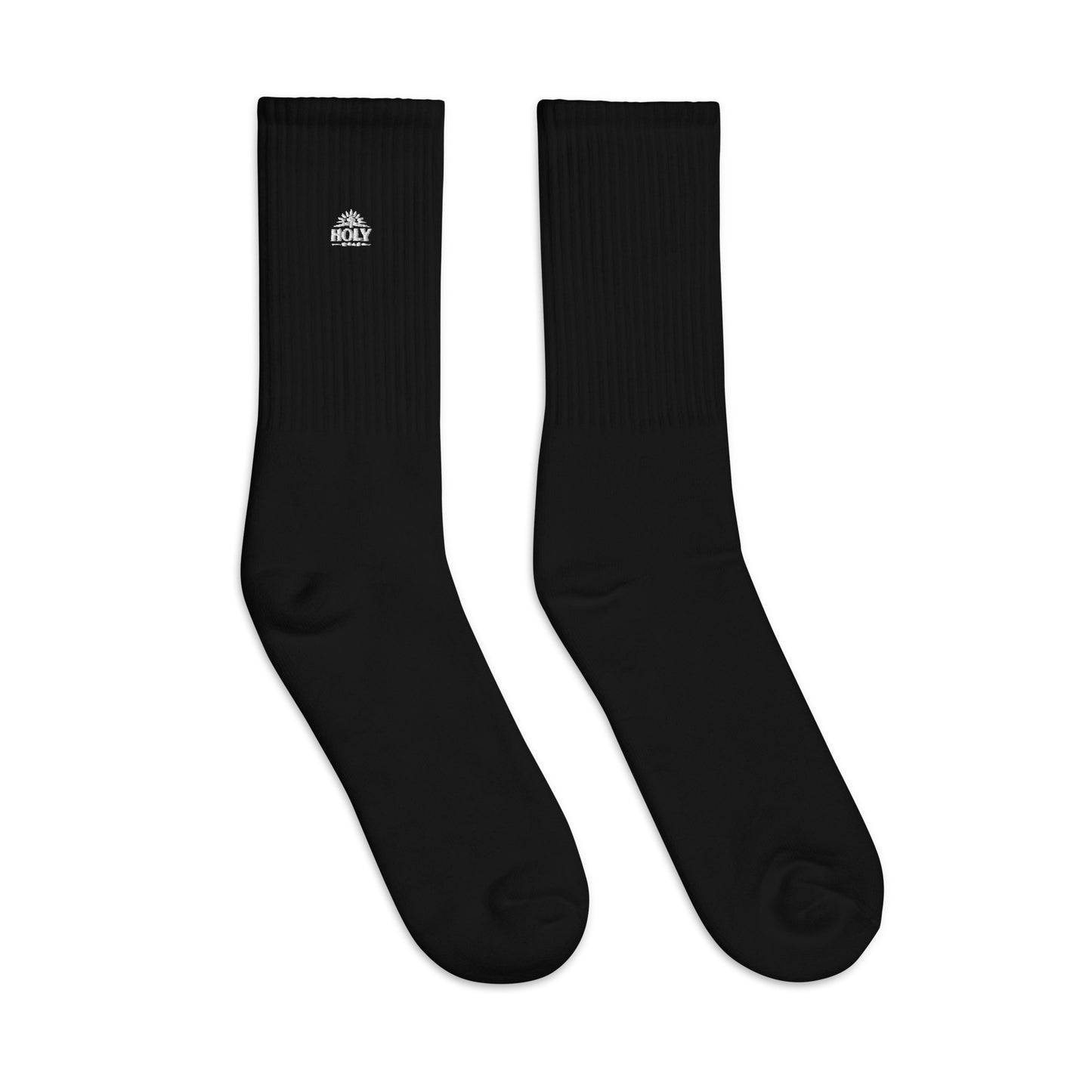 Black Christian embroidered crew socks with Holy Wear logo – faith-based everyday comfort socks
