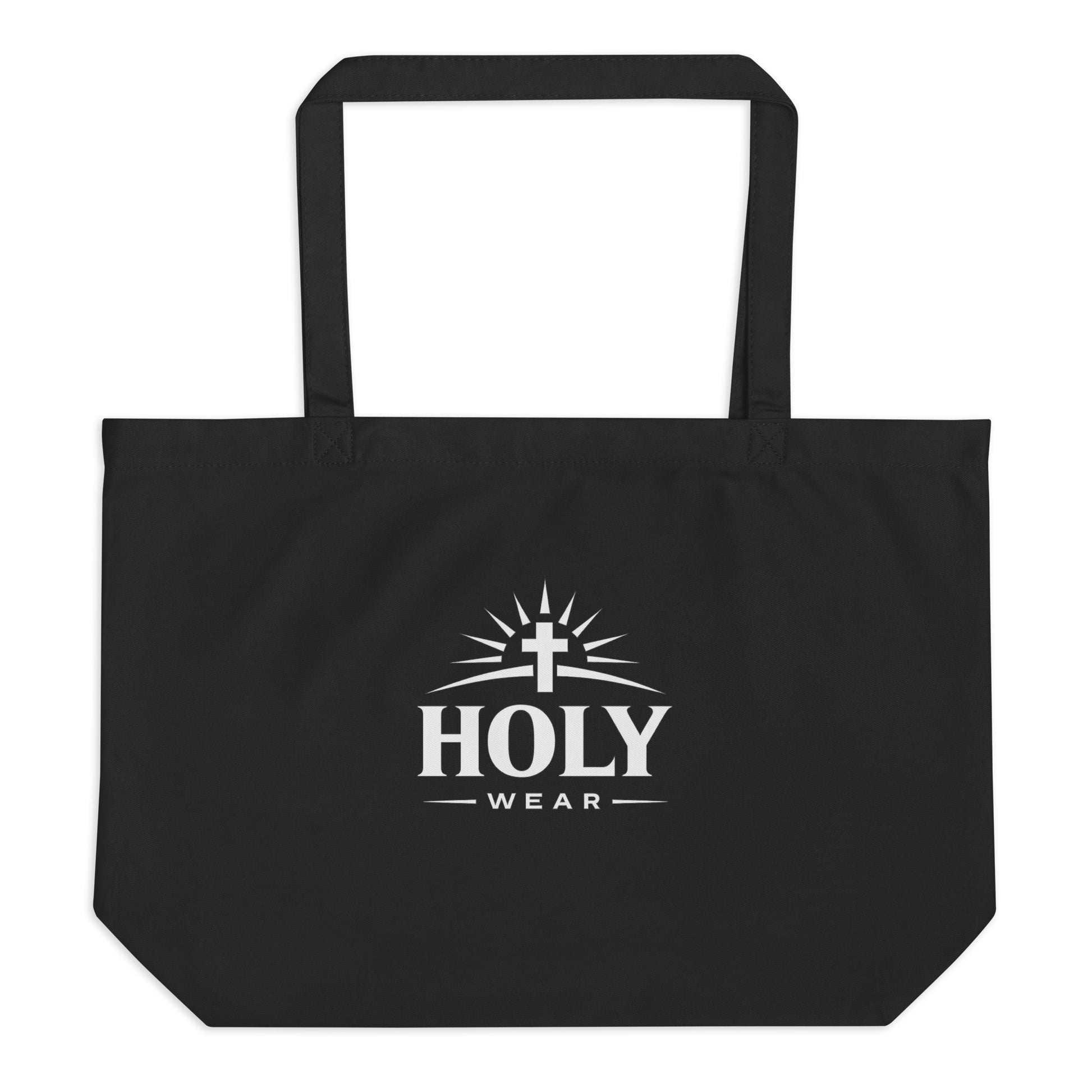Black Christian organic cotton tote bag with Holy Wear logo, faith-based reusable shopping bag
