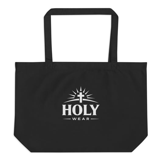 Black Christian organic cotton tote bag with Holy Wear logo, faith-based reusable shopping bag
