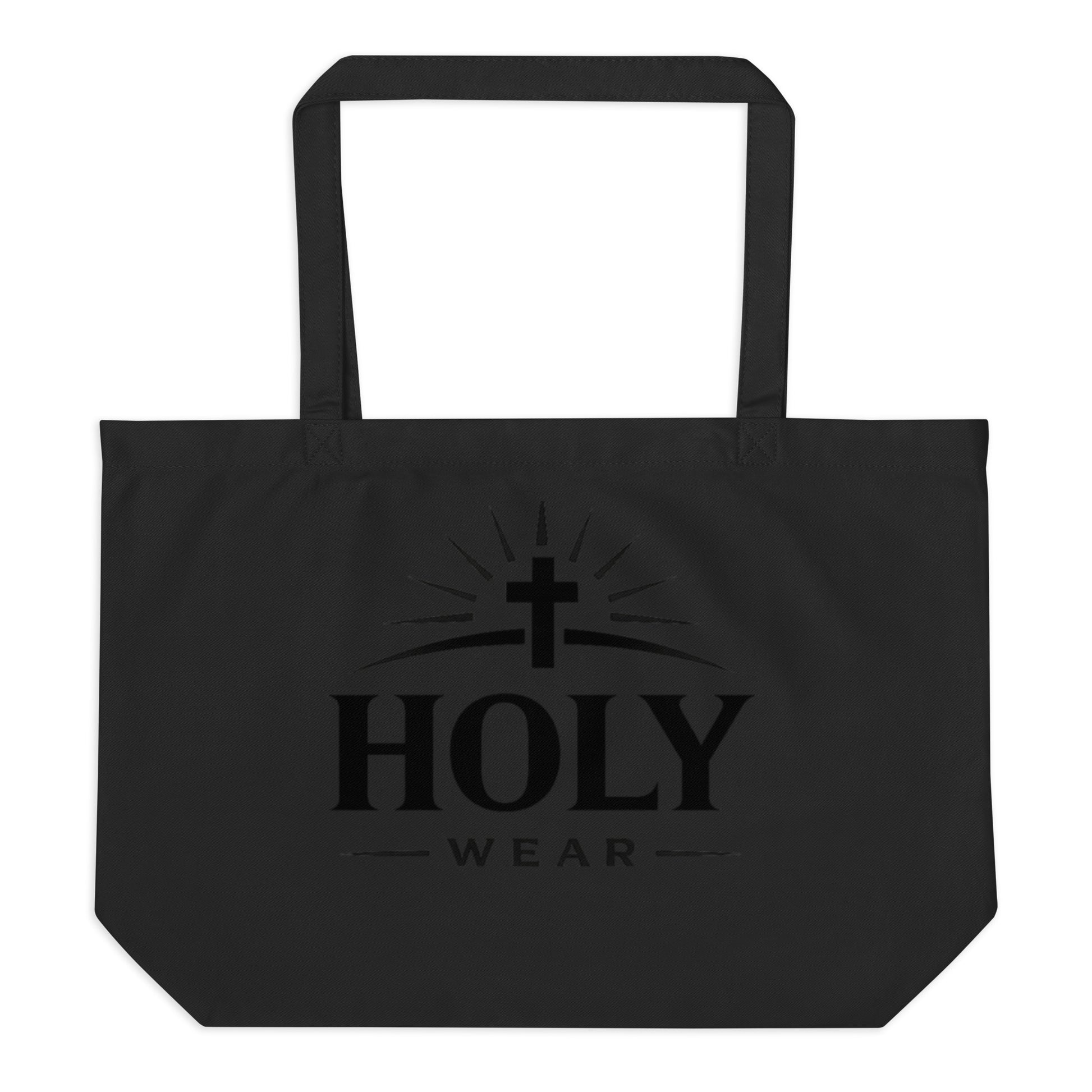 Black Christian organic cotton tote bag with Holy Wear logo, faith-based reusable shopping bag
