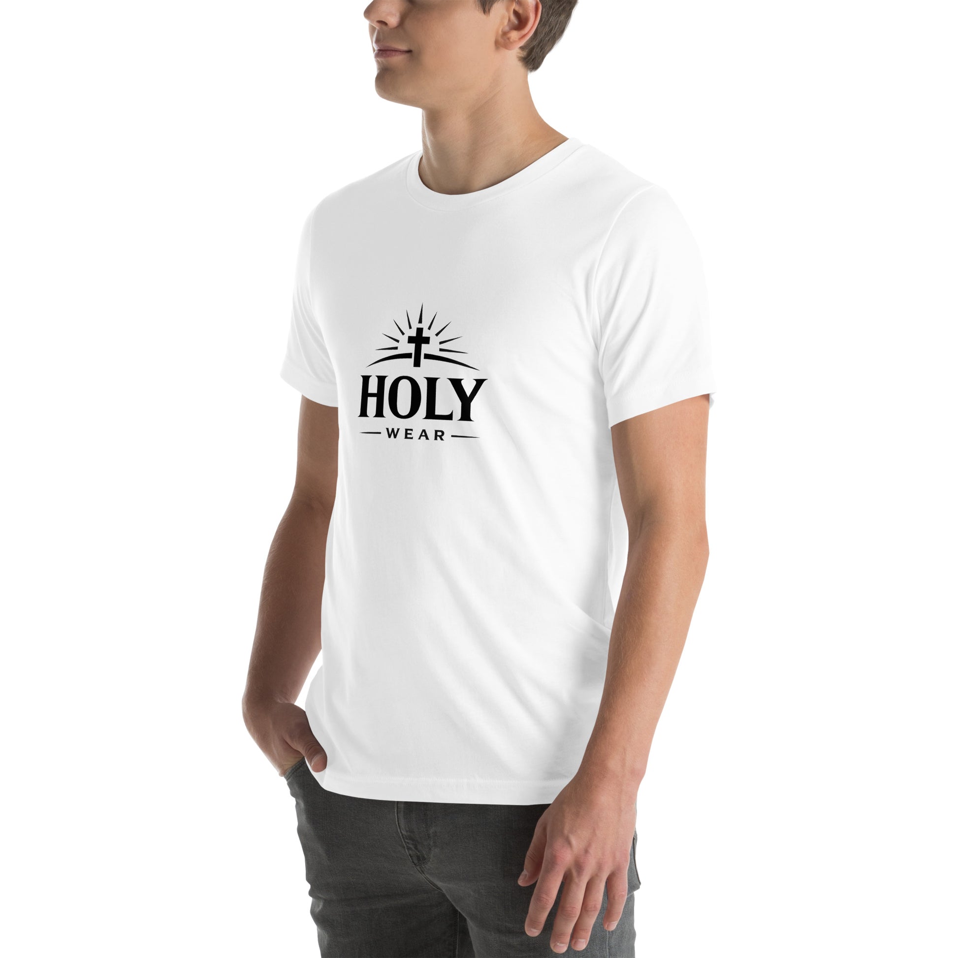 White unisex Christian faith t-shirt featuring the Holy Wear logo with cross and radiant light design
