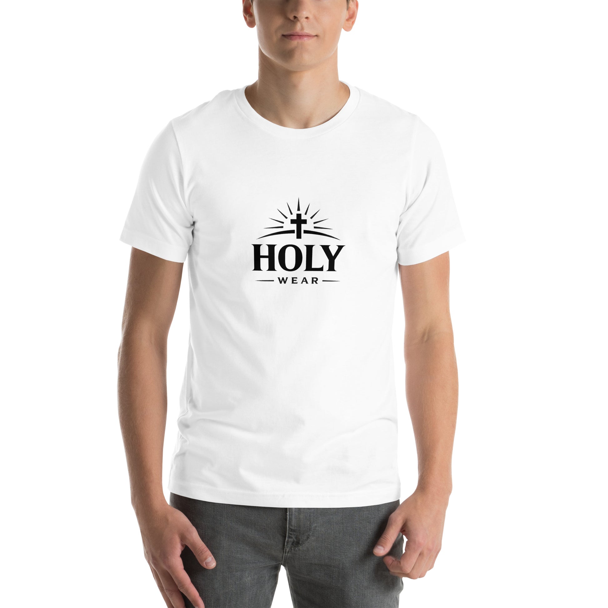 White unisex Christian faith t-shirt featuring the Holy Wear logo with cross and radiant light design
