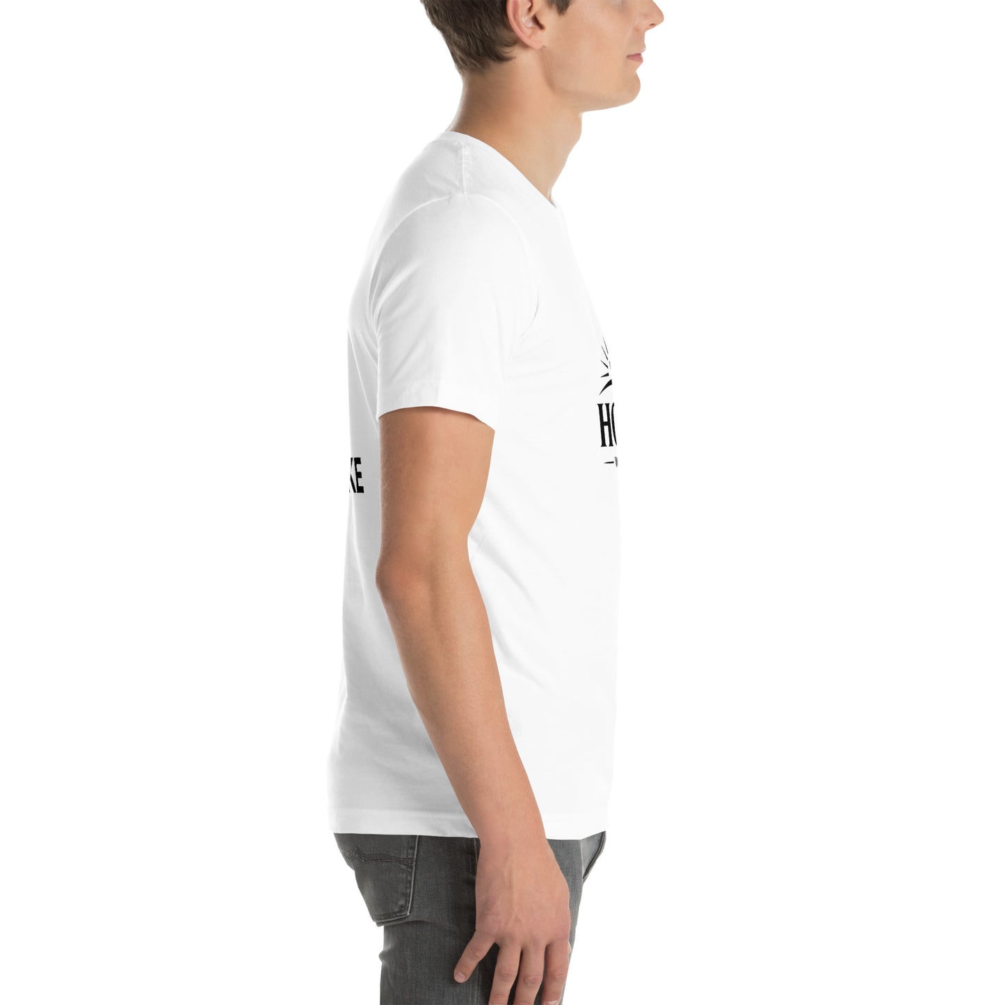 White unisex Christian faith t-shirt featuring the Holy Wear logo with cross and radiant light design

