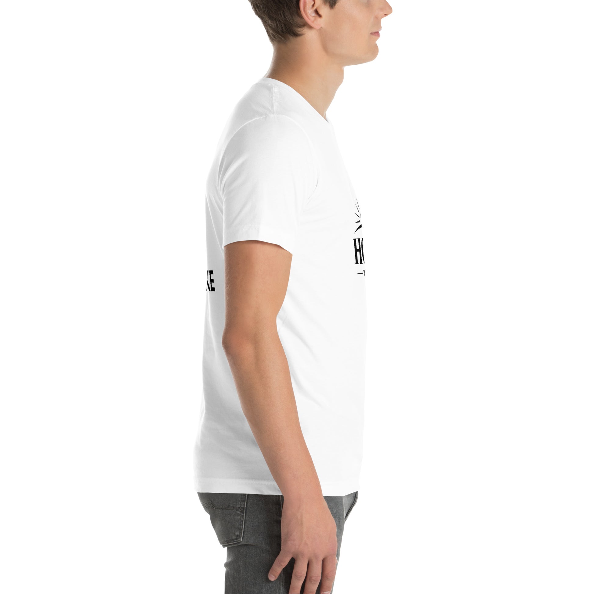 White unisex Christian faith t-shirt featuring the Holy Wear logo with cross and radiant light design
