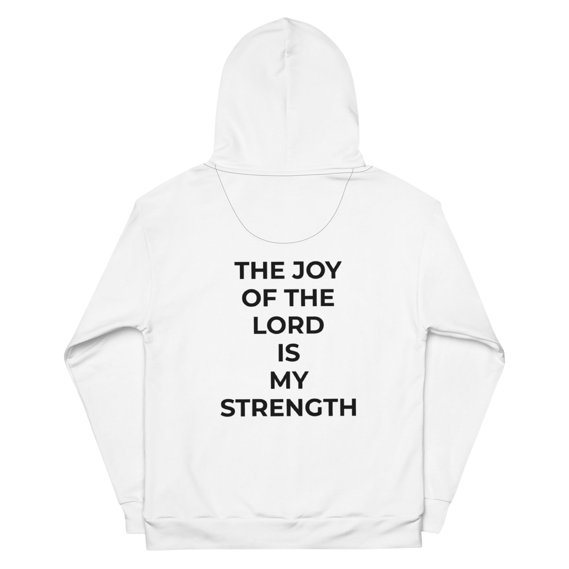 White Christian hoodie with scripture text The Joy of the Lord Is My Strength faith-based apparel
