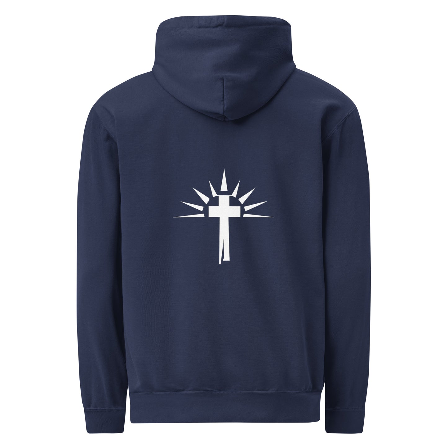 Unisex Christian garment-dyed hoodie with Holy Wear cross logo, navy blue