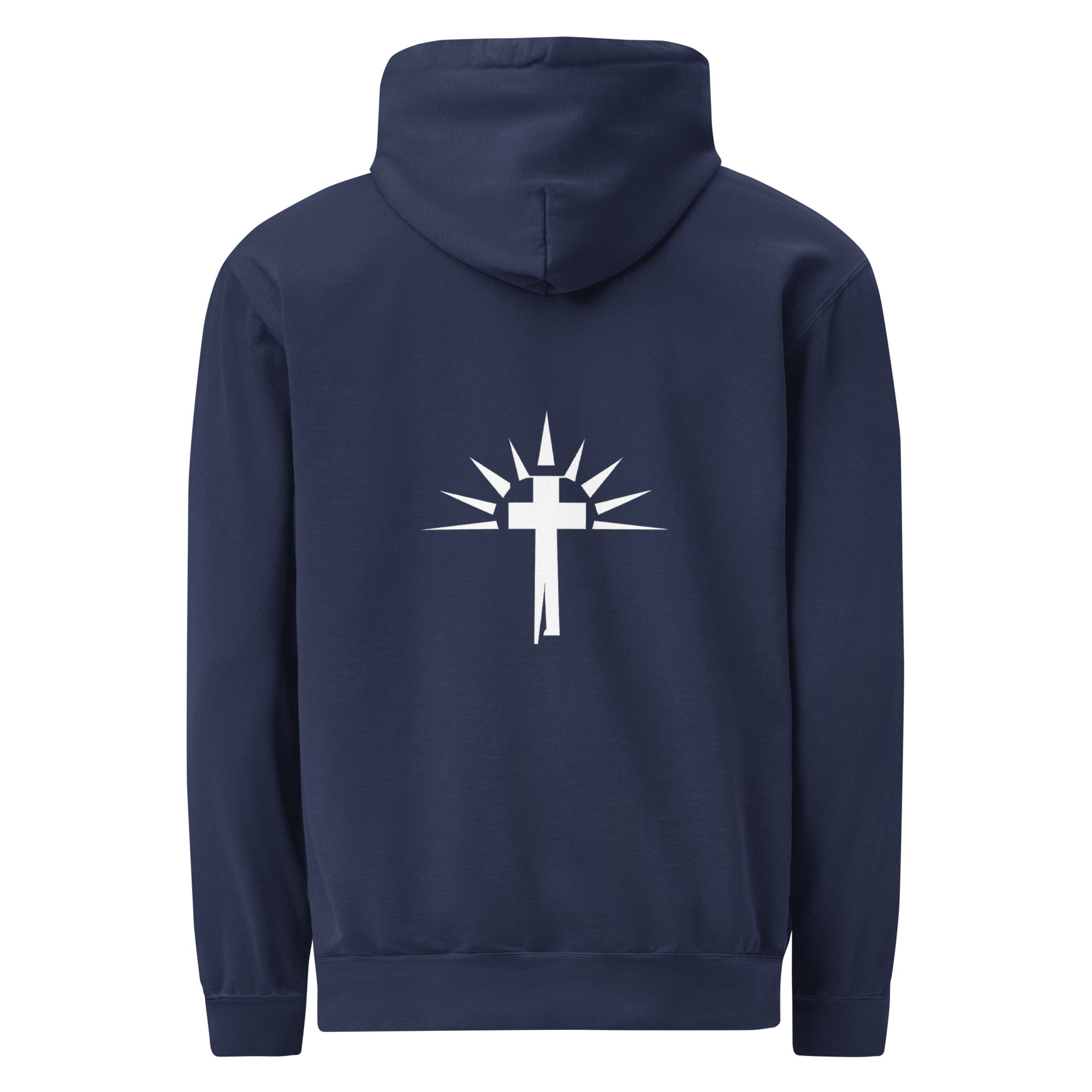 Unisex Christian garment-dyed hoodie with Holy Wear cross logo, navy blue