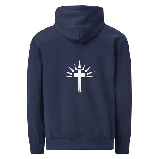 Unisex Christian garment-dyed hoodie with Holy Wear cross logo, navy blue