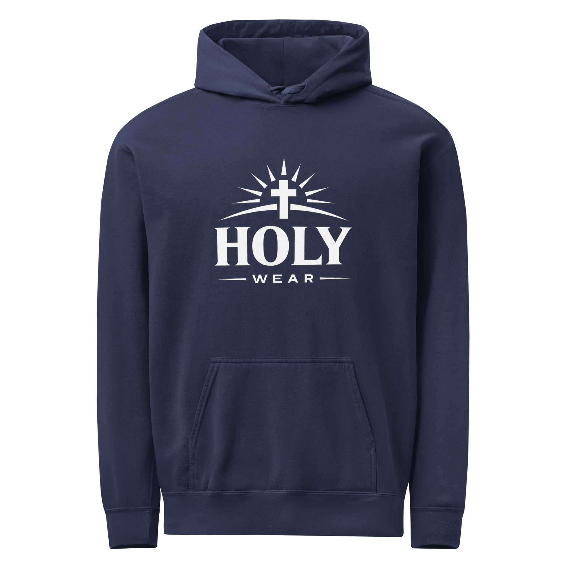Unisex Christian garment-dyed hoodie with Holy Wear cross logo, navy blue