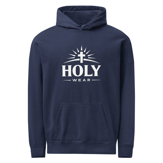 Unisex Christian garment-dyed hoodie with Holy Wear cross logo, navy blue
