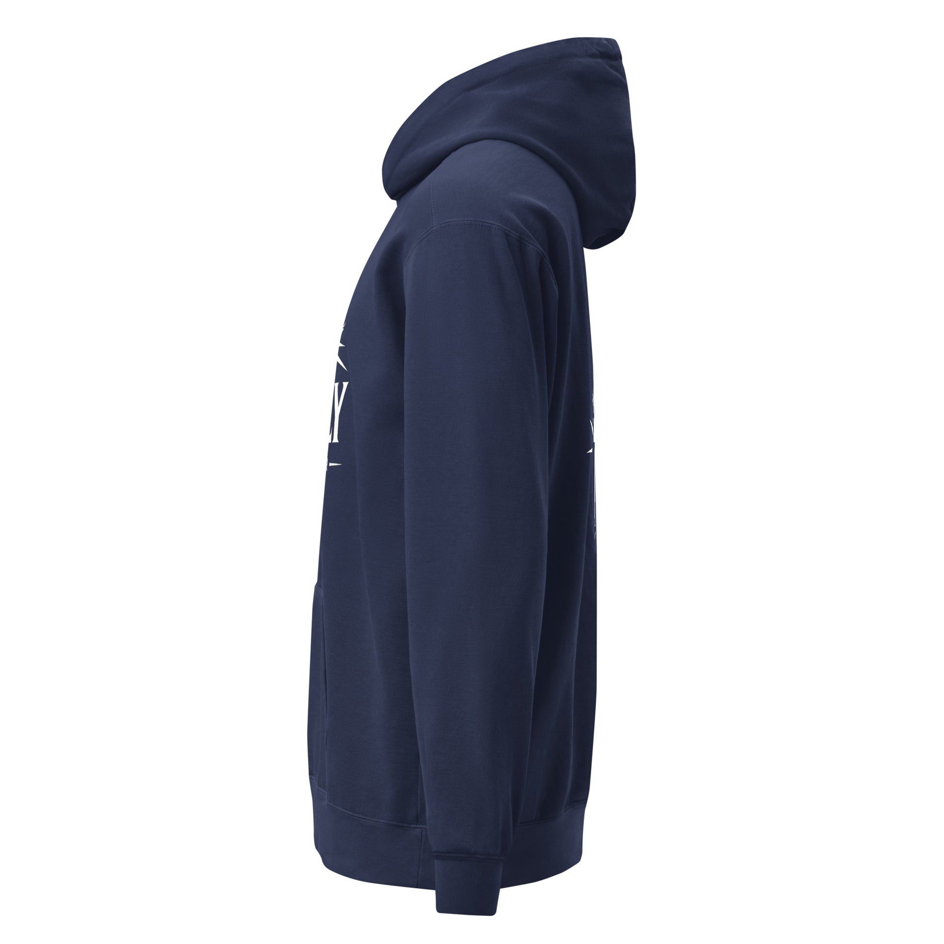 Unisex Christian garment-dyed hoodie with Holy Wear cross logo, navy blue