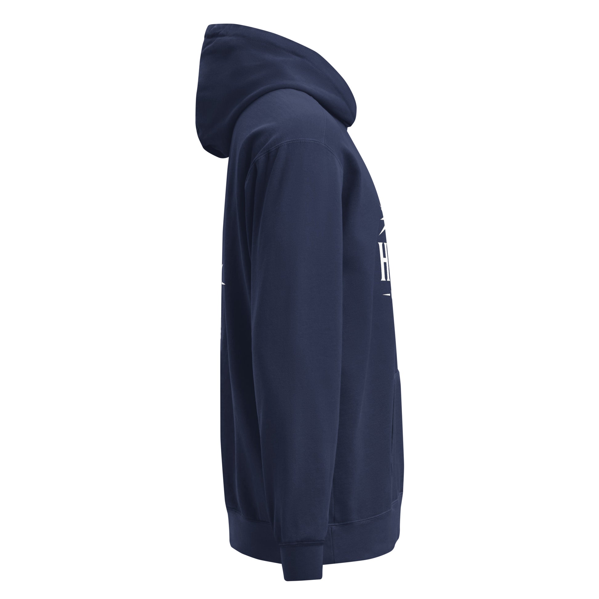 Unisex Christian garment-dyed hoodie with Holy Wear cross logo, navy blue