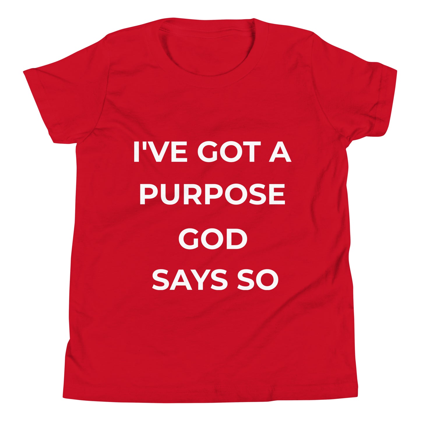 Youth Christian t-shirt with the message "I've Got a Purpose God Says So" in white text on a black shirt by Holy Wear
