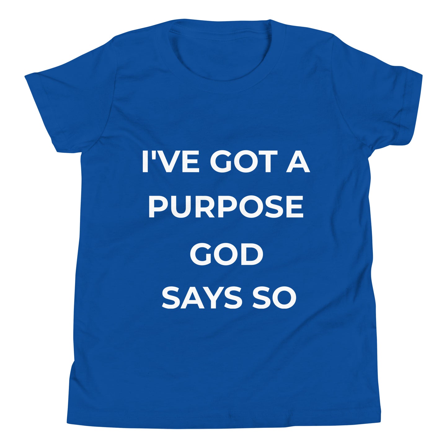 Youth Christian t-shirt with the message "I've Got a Purpose God Says So" in white text on a black shirt by Holy Wear
